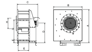 Technische tekening HLSG ventilator – zij- en frontaanzicht