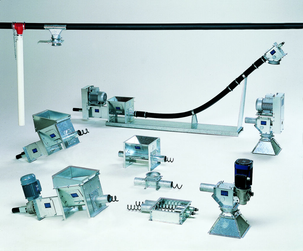 Flexibele schroeftransporteur voor het transport van bulkgoed en stortgoed met buigzame transportbuis en aandrijfunit