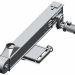 Kettingtransporteur voor graan met een stalen ketting voorzien van draagstangen, geleidingsprofielen en een aandrijfmotor met kettingwiel.