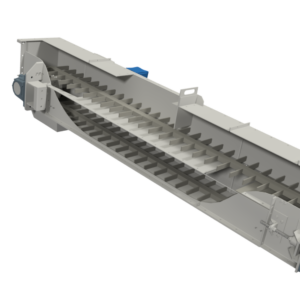 Kettingtransporteur van Jansen&Heuning, vergelijkbaar met Redler-systemen, voor efficiënt transport van bulkgoederen.