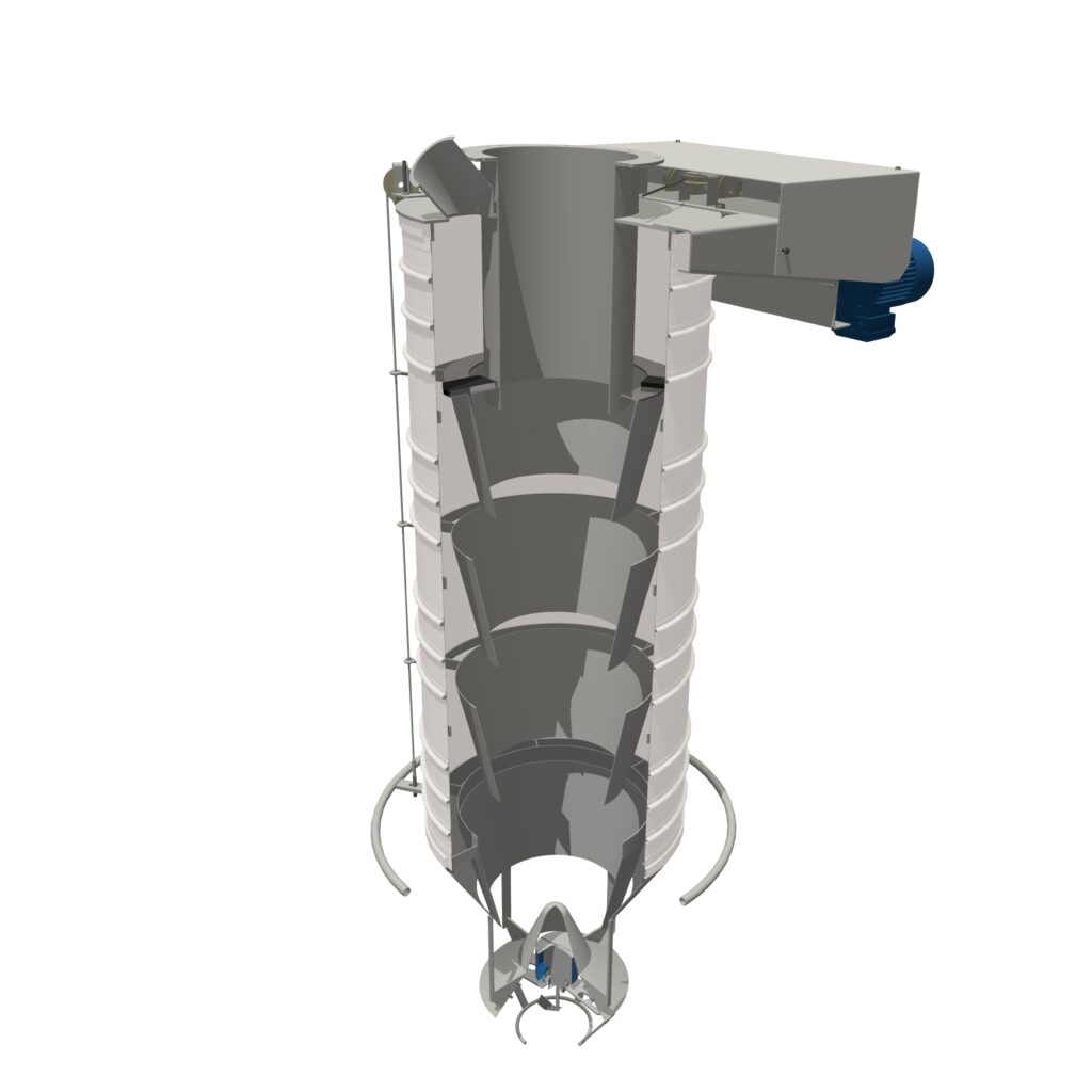 Doorsnede van beladingsbalg met gescheiden productkanaal en stofafzuiging